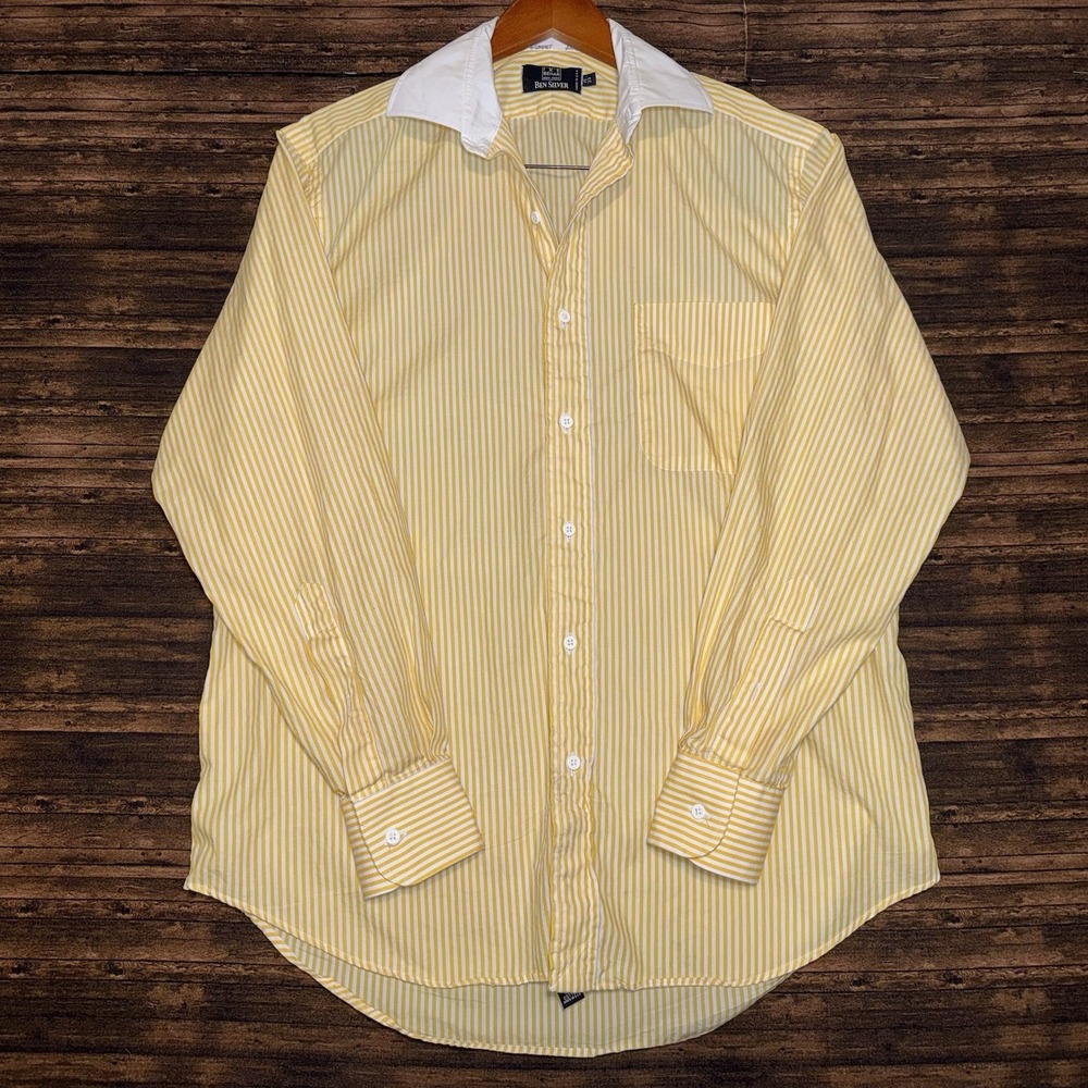 Ike Behar Men's Long Sleeve 15/33 Yellow White Stripe Old Money Classic Core S